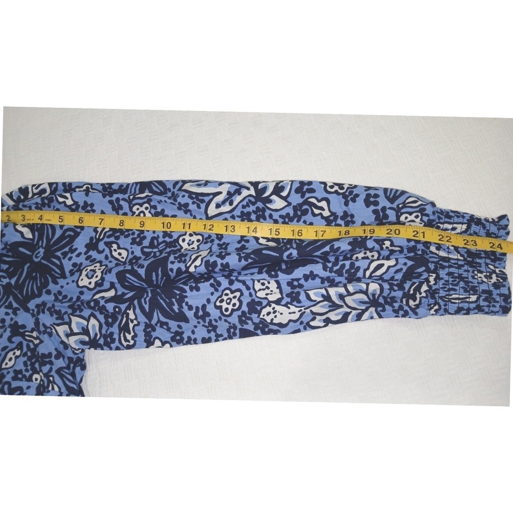 Sail to Sable Blue Floral Cotton Blouse Smocked Cuff Long Sleeve Top Large STS - Picture 4 of 8